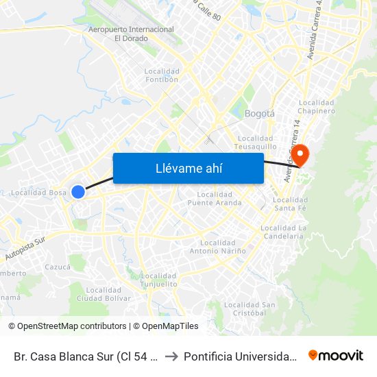 Br. Casa Blanca Sur (Cl 54 Sur - Kr 80d) to Pontificia Universidad Javeriana map