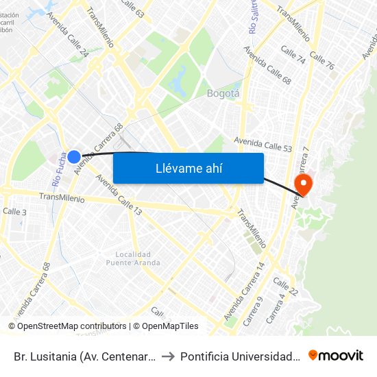 Br. Lusitania (Av. Centenario - Kr 68b) to Pontificia Universidad Javeriana map