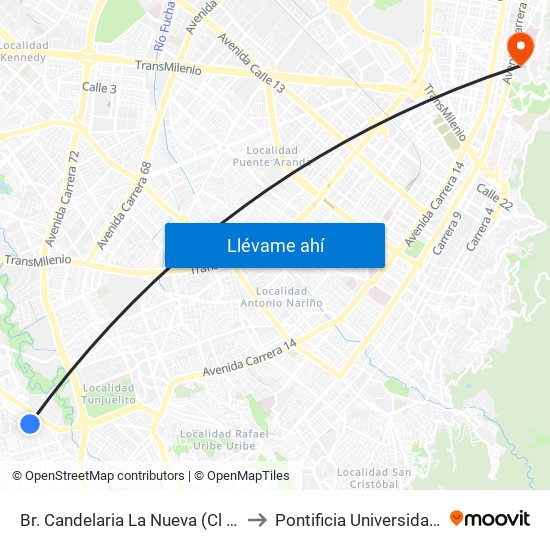 Br. Candelaria La Nueva (Cl 64 Sur - Kr 23) to Pontificia Universidad Javeriana map