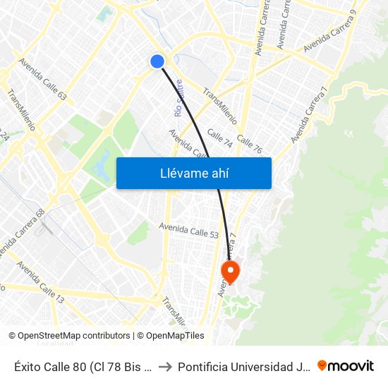 Éxito Calle 80 (Cl 78 Bis - Kr 68b) to Pontificia Universidad Javeriana map