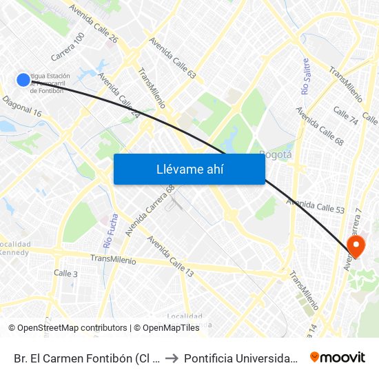 Br. El Carmen Fontibón (Cl 17 - Kr 100) to Pontificia Universidad Javeriana map