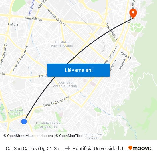 Cai San Carlos (Dg 51 Sur - Kr 18) to Pontificia Universidad Javeriana map