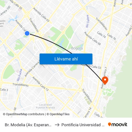 Br. Modelia (Av. Esperanza - Kr 74) to Pontificia Universidad Javeriana map