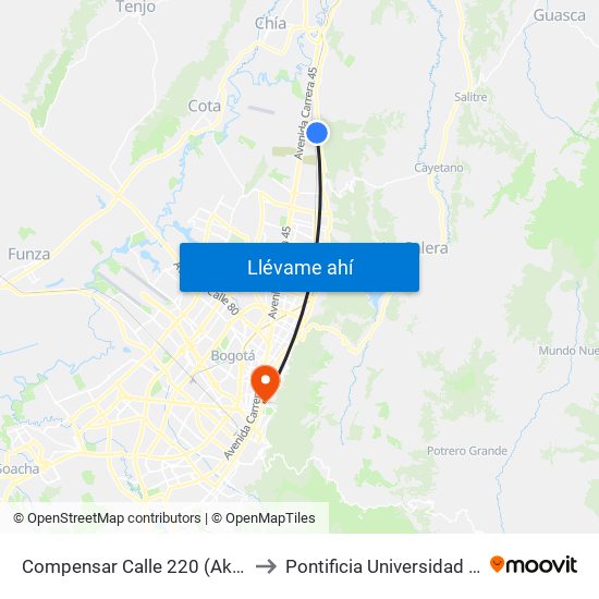 Compensar Calle 220 (Ak 7 - Cl 220) to Pontificia Universidad Javeriana map