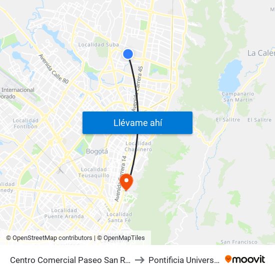 Centro Comercial Paseo San Rafael (Ac 134 - Kr 55a) to Pontificia Universidad Javeriana map