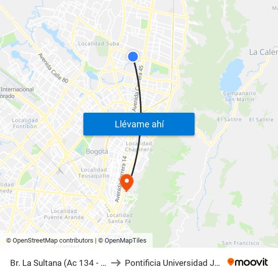 Br. La Sultana (Ac 134 - Kr 53b) to Pontificia Universidad Javeriana map