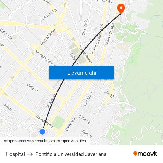 Hospital to Pontificia Universidad Javeriana map