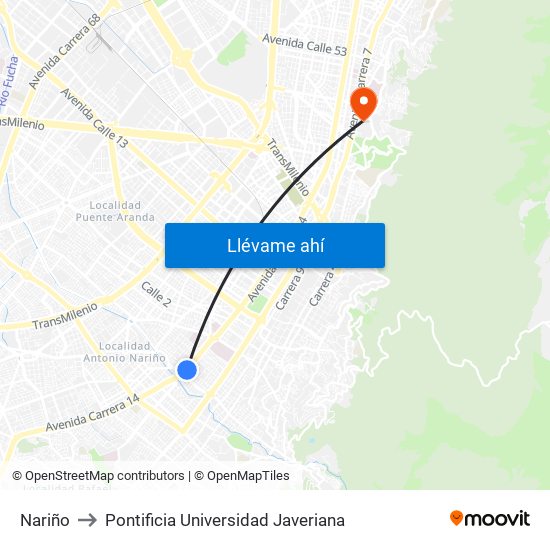 Nariño to Pontificia Universidad Javeriana map