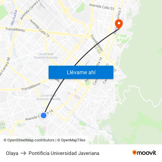 Olaya to Pontificia Universidad Javeriana map