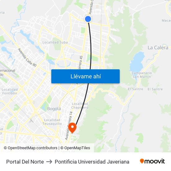Portal Del Norte to Pontificia Universidad Javeriana map