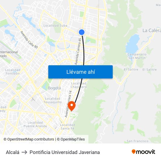 Alcalá to Pontificia Universidad Javeriana map