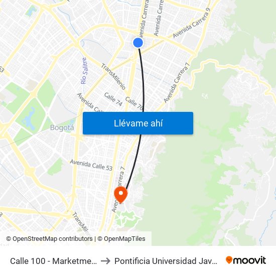 Calle 100 - Marketmedios to Pontificia Universidad Javeriana map