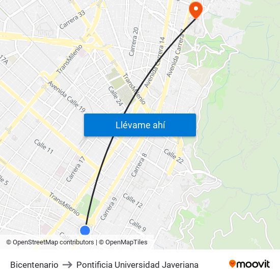 Bicentenario to Pontificia Universidad Javeriana map