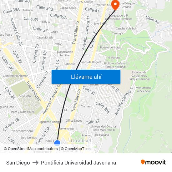 San Diego to Pontificia Universidad Javeriana map