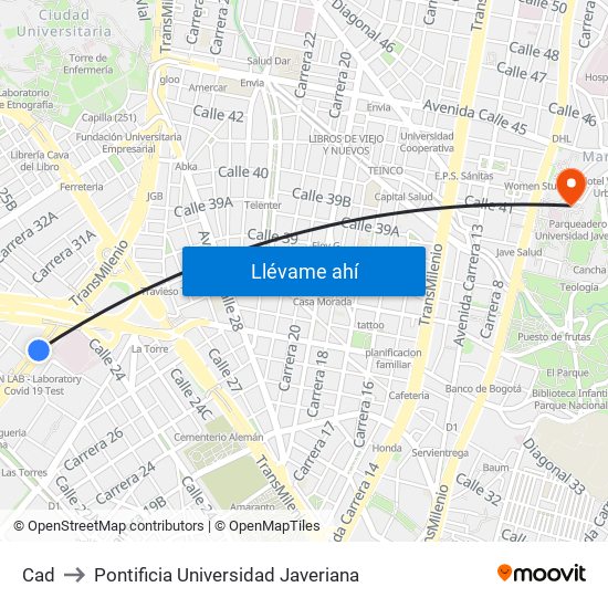 Cad to Pontificia Universidad Javeriana map