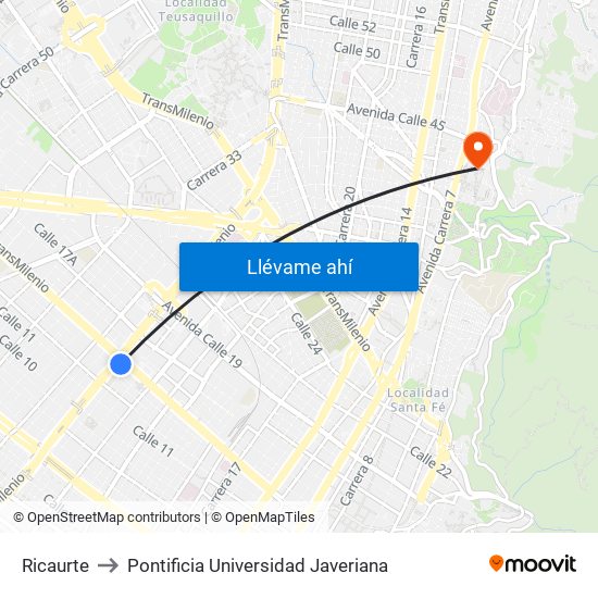 Ricaurte to Pontificia Universidad Javeriana map