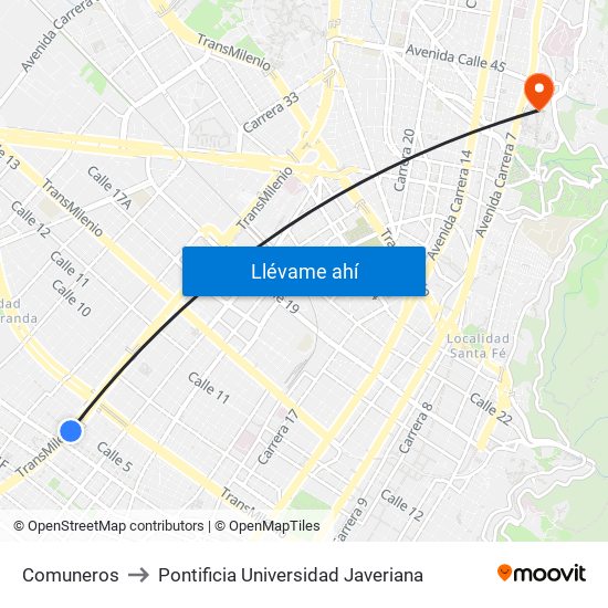 Comuneros to Pontificia Universidad Javeriana map