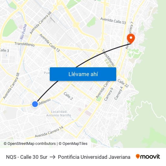 NQS - Calle 30 Sur to Pontificia Universidad Javeriana map