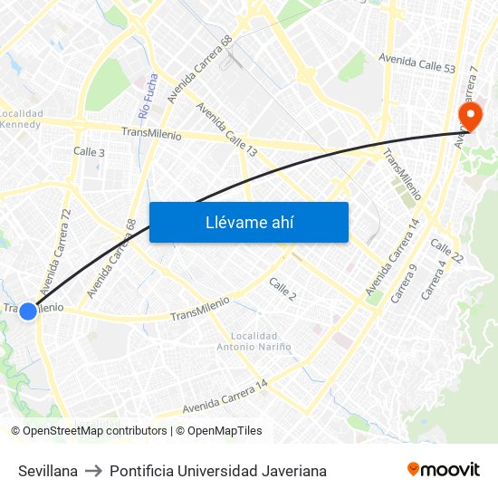 Sevillana to Pontificia Universidad Javeriana map