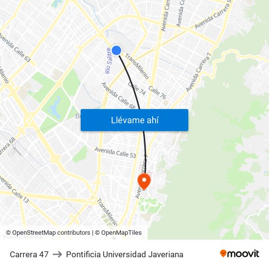Carrera 47 to Pontificia Universidad Javeriana map