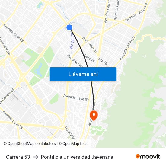 Carrera 53 to Pontificia Universidad Javeriana map