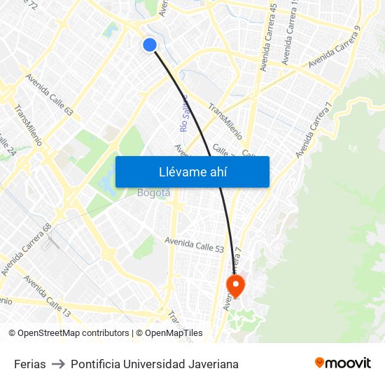 Ferias to Pontificia Universidad Javeriana map