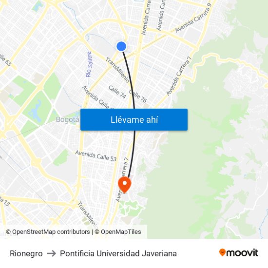 Rionegro to Pontificia Universidad Javeriana map