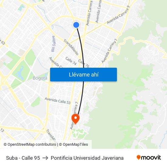 Suba - Calle 95 to Pontificia Universidad Javeriana map
