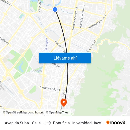 Avenida Suba - Calle 116 to Pontificia Universidad Javeriana map