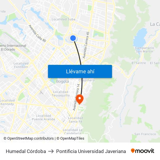 Humedal Córdoba to Pontificia Universidad Javeriana map