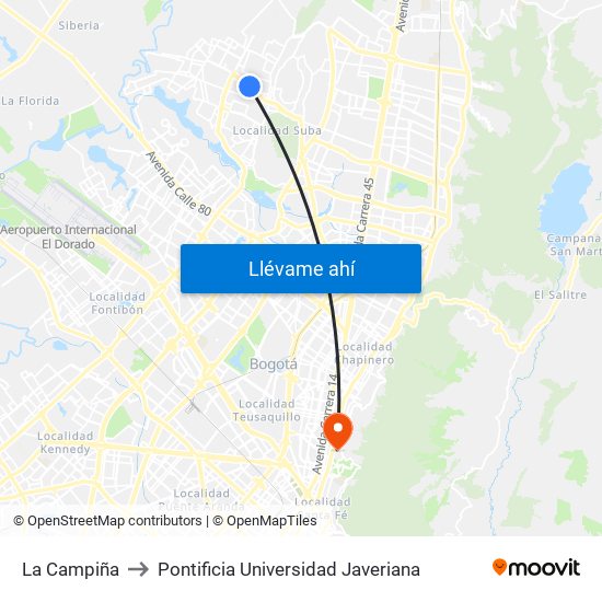 La Campiña to Pontificia Universidad Javeriana map