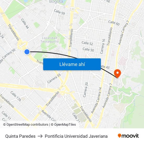 Quinta Paredes to Pontificia Universidad Javeriana map