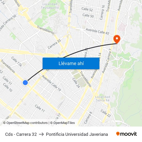 Cds - Carrera 32 to Pontificia Universidad Javeriana map