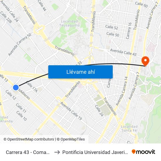 Carrera 43 - Comapan to Pontificia Universidad Javeriana map