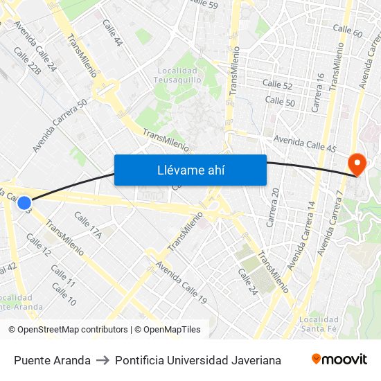 Puente Aranda to Pontificia Universidad Javeriana map