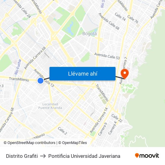 Distrito Grafiti to Pontificia Universidad Javeriana map