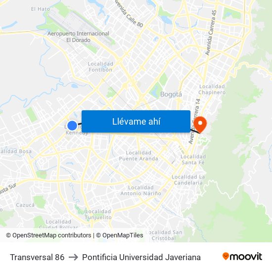 Transversal 86 to Pontificia Universidad Javeriana map