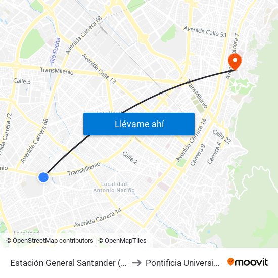 Estación General Santander (Dg 39a Sur - Tv 42) to Pontificia Universidad Javeriana map