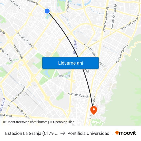 Estación La Granja (Cl 79 - Kr 77 Bis) to Pontificia Universidad Javeriana map
