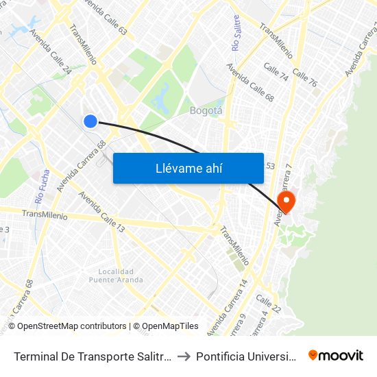 Terminal De Transporte Salitre (Kr 68d - Cl 22c) to Pontificia Universidad Javeriana map