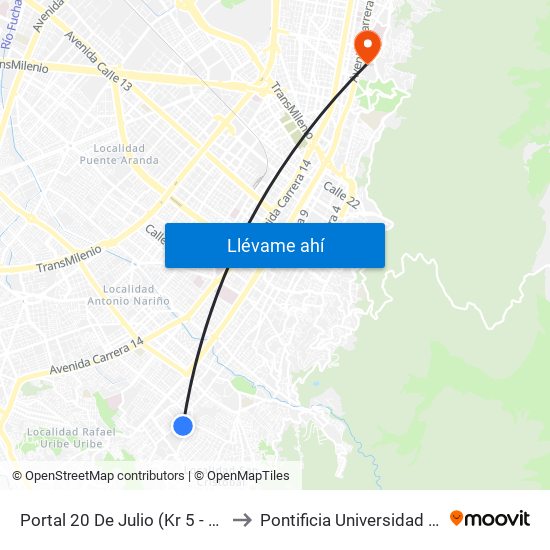 Portal 20 De Julio (Kr 5 - Cl 30a Sur) to Pontificia Universidad Javeriana map