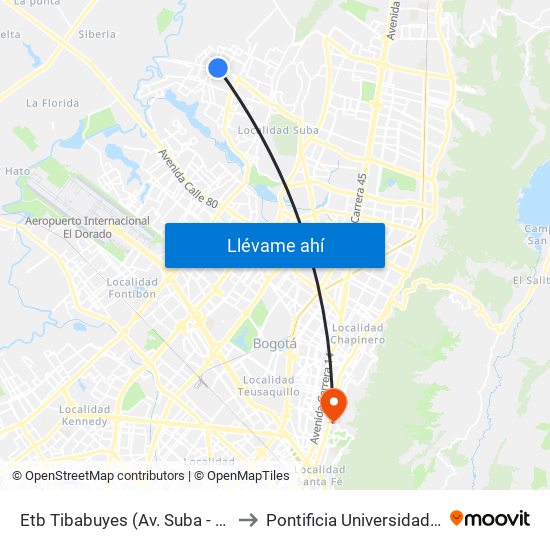 Etb Tibabuyes (Av. Suba - Kr 114c) (C) to Pontificia Universidad Javeriana map