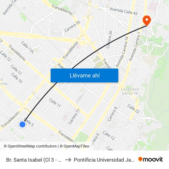 Br. Santa Isabel (Cl 3 - Ak 27) to Pontificia Universidad Javeriana map