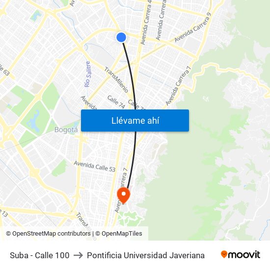 Suba - Calle 100 to Pontificia Universidad Javeriana map