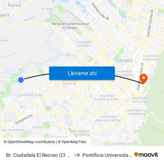 Br. Ciudadela El Recreo (Cl 73 Sur - Kr 99a) to Pontificia Universidad Javeriana map