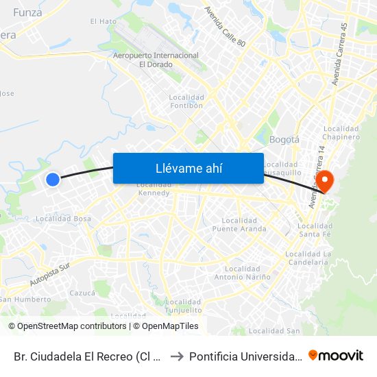 Br. Ciudadela El Recreo (Cl 63 Sur - Kr 99a) to Pontificia Universidad Javeriana map