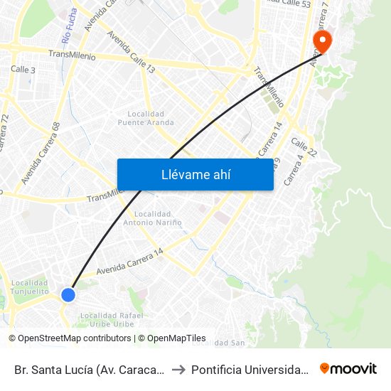 Br. Santa Lucía (Av. Caracas - Cl 45 Sur) to Pontificia Universidad Javeriana map