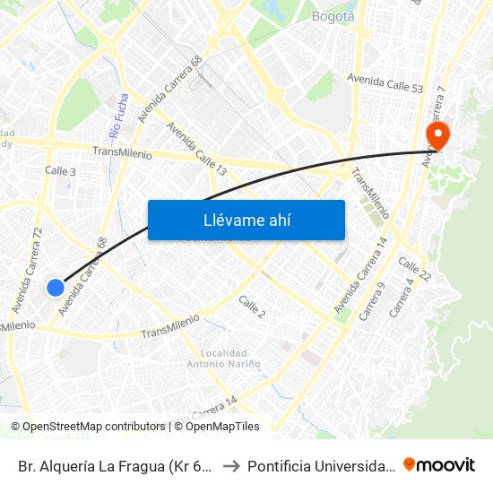 Br. Alquería La Fragua (Kr 68d - Cl 38a Sur) to Pontificia Universidad Javeriana map