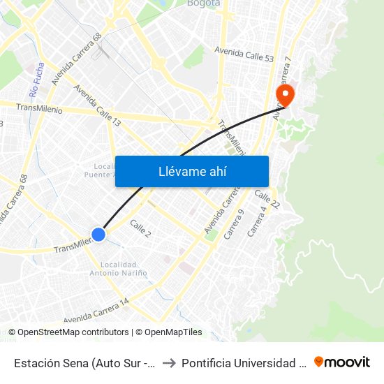 Estación Sena (Auto Sur - Cl 12 Sur) to Pontificia Universidad Javeriana map