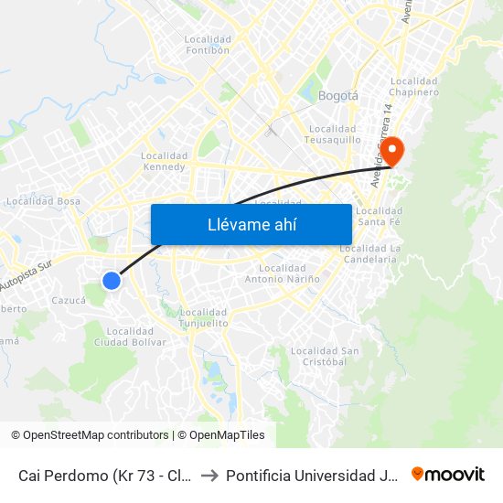 Cai Perdomo (Kr 73 - Cl 64 Sur) to Pontificia Universidad Javeriana map